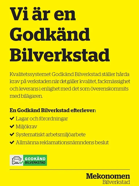 Att vara en Godkänd Bilverkstad innebär att vi uppfyller en branschstandard som garanterar hög kvalitet,