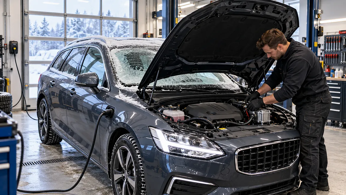 Mekaniker installerar motorvärmare på bil i verkstad under vintertid.