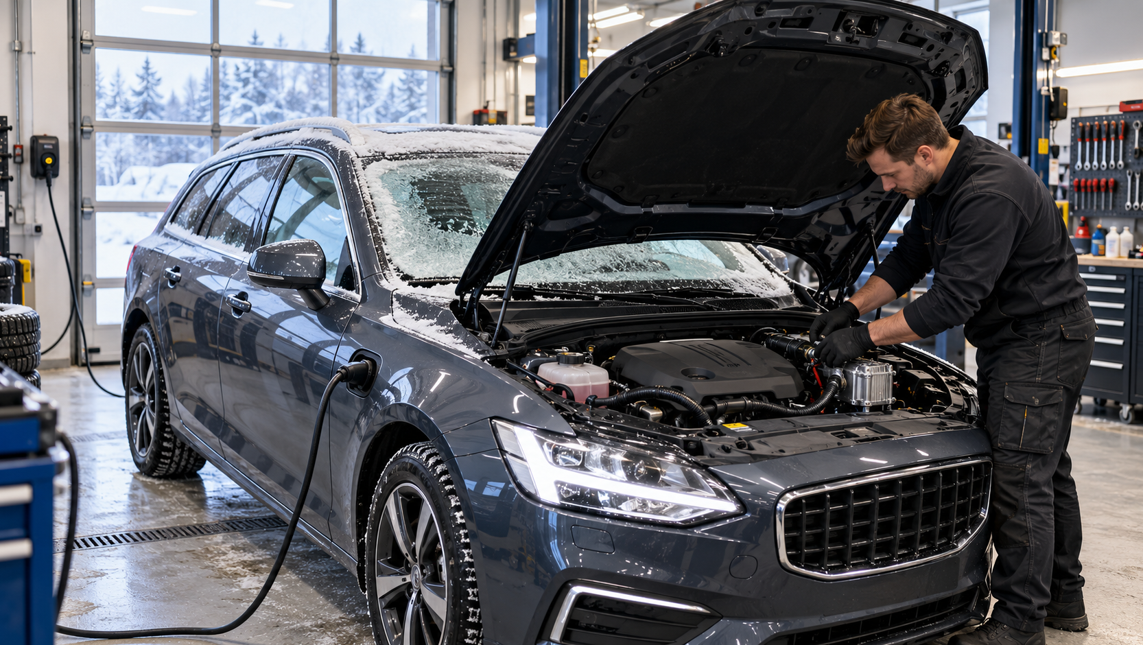 Mekaniker installerar motorvärmare på bil i verkstad under vintertid.