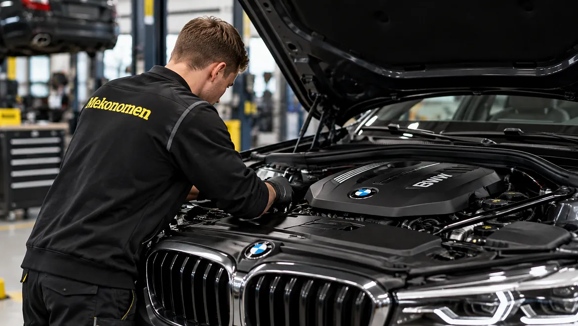 Mekaniker servar en BMW på bilverkstad i Nacka.