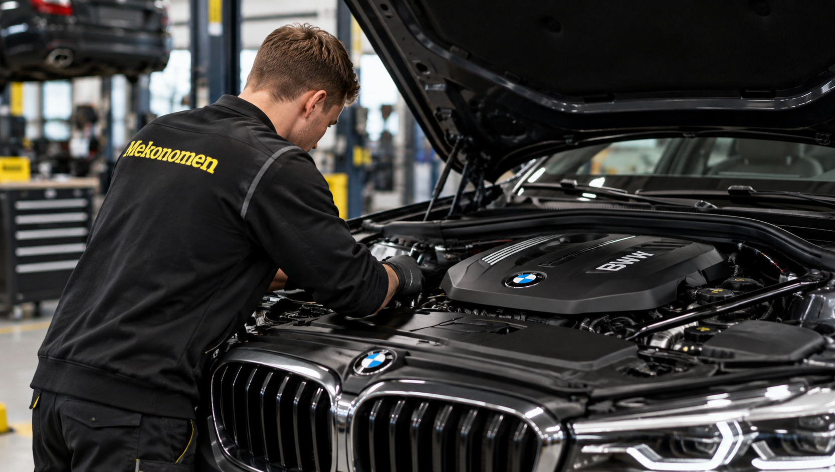 Mekaniker servar en BMW på bilverkstad i Nacka.